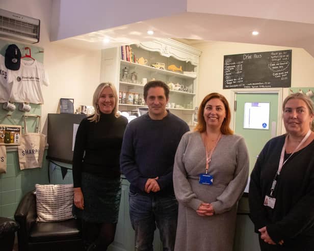 Minister for veterans affairs, Johnny Mercer, visited former service personnel, entrepreneurs and military support networks at the FirstLight Cafe Hub on Gosport High Street. From L to R: Caroline Dinenage, Johnny Mercer, Riah Bunce and Sam Fry. Picture: Office of Veterans Affairs.