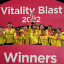 Hampshire captain James Vince lifts the Vitality Blast trophy after the county's 2022 victory over Lancashire at Edgbaston