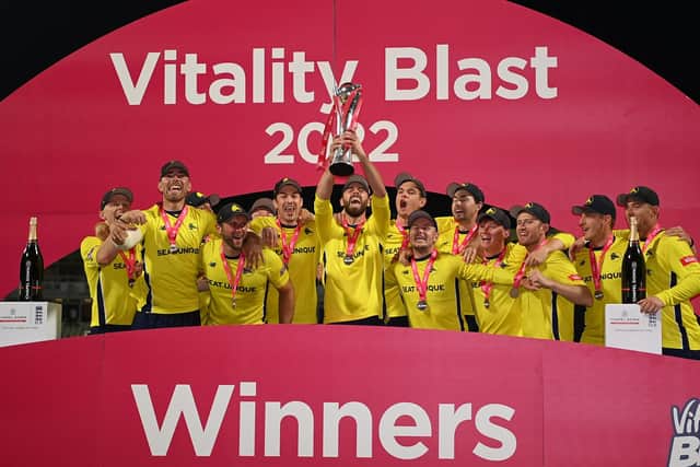 Hampshire captain James Vince lifts the Vitality Blast trophy after the county's 2022 victory over Lancashire at Edgbaston