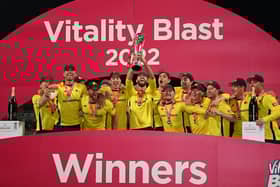Hampshire captain James Vince lifts the Vitality Blast trophy after the county's 2022 victory over Lancashire at Edgbaston