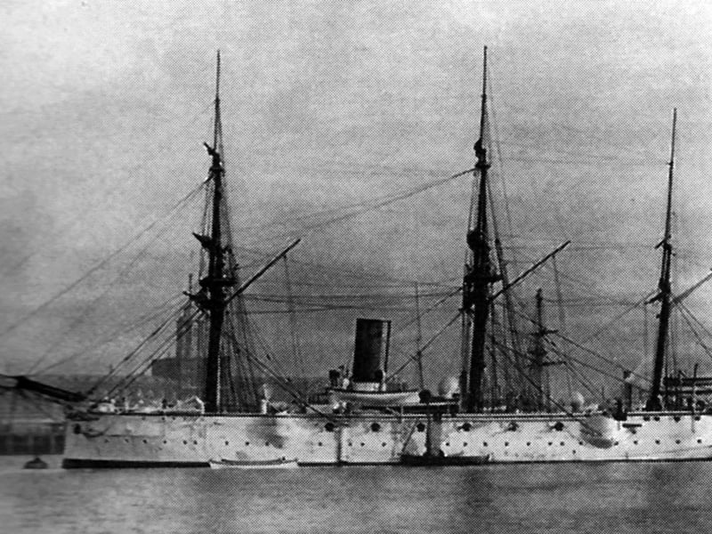 HMS Calliope in Portsmouth Harbour 1884 A transition scene in Portsmouth Harbour with the ship-rigged cruiser HMS calliope built at Portsmouth and launched in 1884.