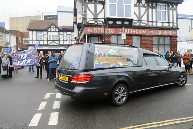 Well-known Pompey FC fan Basher Benfield's funeral took place on Friday, October 30, and his hearse passed Fratton Park on the way to his funeral at Portchester Crematorium.Picture: Sarah Standing (301020-7420)