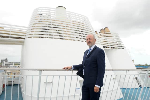 Brittany Ferries has suspected some of its travel amid a drop in demand. Pictured is the company's chief executive Christophe Mathieu,  on the Mont St Michel as she departed Portsmouth en route to Caen with the first passengers in June.

Picture: Sarah Standing (290620-712)