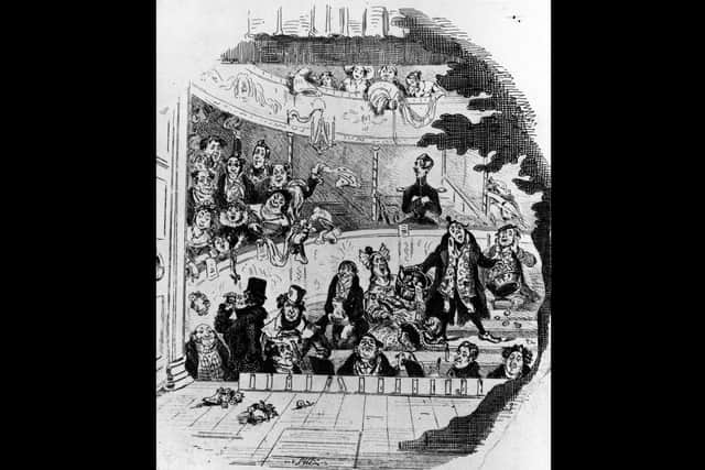 Circa 1839:  A scene from Nicholas Nickleby by Charles Dickens.  A cheering audience throws floral bouquets on to a stage.  Illustration - Phiz. Picture: Photo by Hulton Archive/Getty Images).