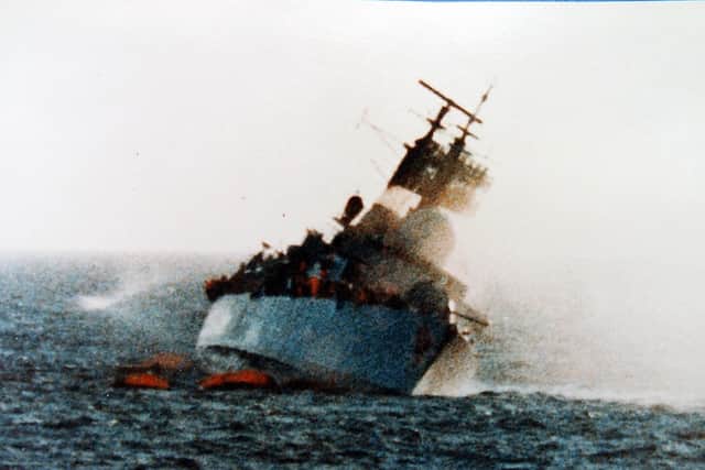 HMS Coventry - pictured 10 minutes after being struck by Argentine forces - which was sunk during the Falklands Conflict