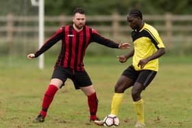 Action from Hatton Rovers' (yellow) 3-1 City of Portsmouth Sunday League Division 6 victory over Horndean United Reserves. Picture: Keith Woodland (190921-2)