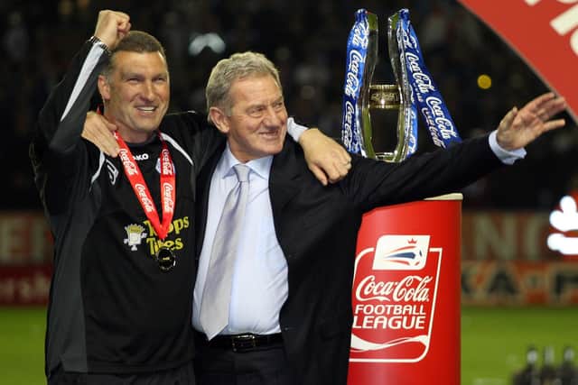 Milan Mandaric celebrates with Leicester City boss Nigel Pearson after winning League One in April 2009. Picture: Ross Kinnaird/Getty Images
