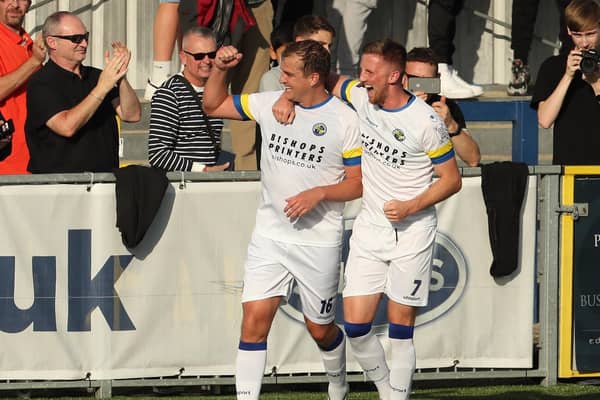 Defender Jamie Collins, left, celebrates with Jake McCarthy after scoring from the penalty spot. Picture: Dave Haines