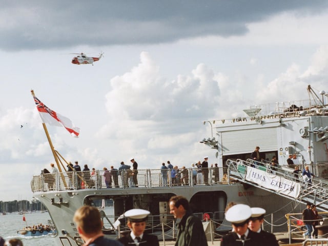 The Bristows search and rescue Sikorsky helicopter flies past warship HMS Exeter after giving its display at Portsmouth Navy Days in 1992.
Picture: (2309-2)