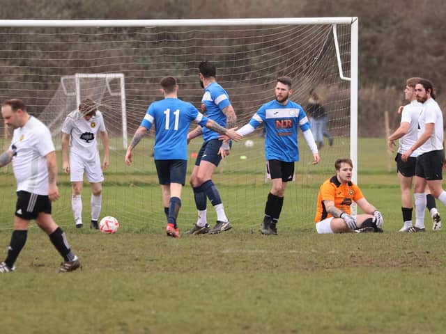 Bransbury Wanderers have just scored one of their five goals against Pompey Chimes. Picture by Kevin Shipp