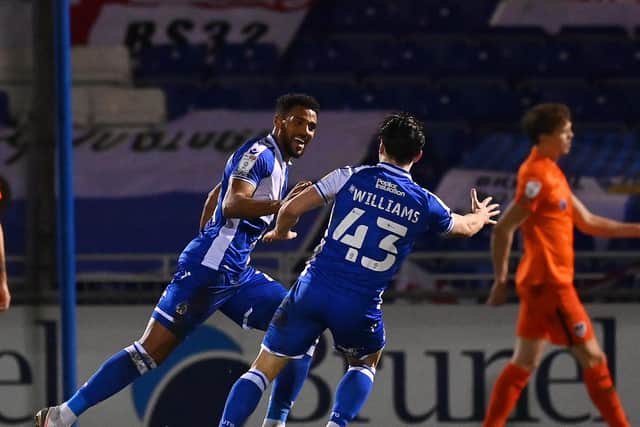 Jonah Ayunga celebrates getting his second goal against Pompey. Picture: Dan Mullan/Getty Images
