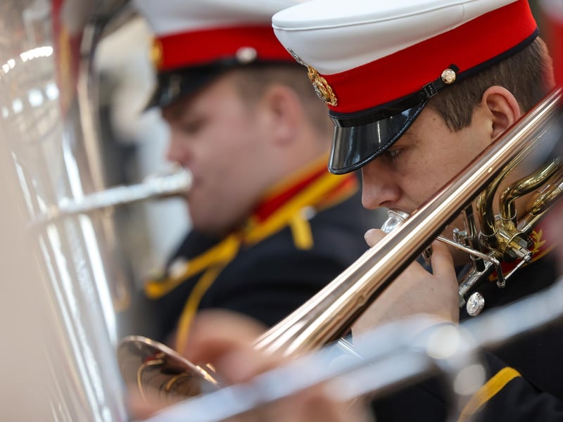 Pictured: The Royal Marines Band perform during the HMS Victory ceremony
