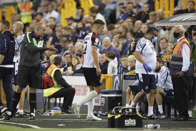 Callum Johnson leaves the pitch at The Den following his dismissal. He would later leave for Fleetwood on loan for the remainder of the season, making 39 appearances. Picture: Jason Brown/ProSportsImages