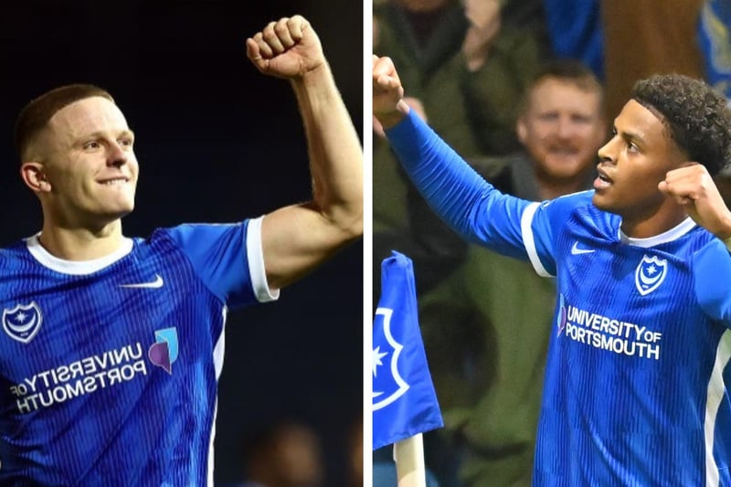 Pompey strikers Colby Bishop, left, and Kusini Yengi, right, are vying to start at Shrewsbury.