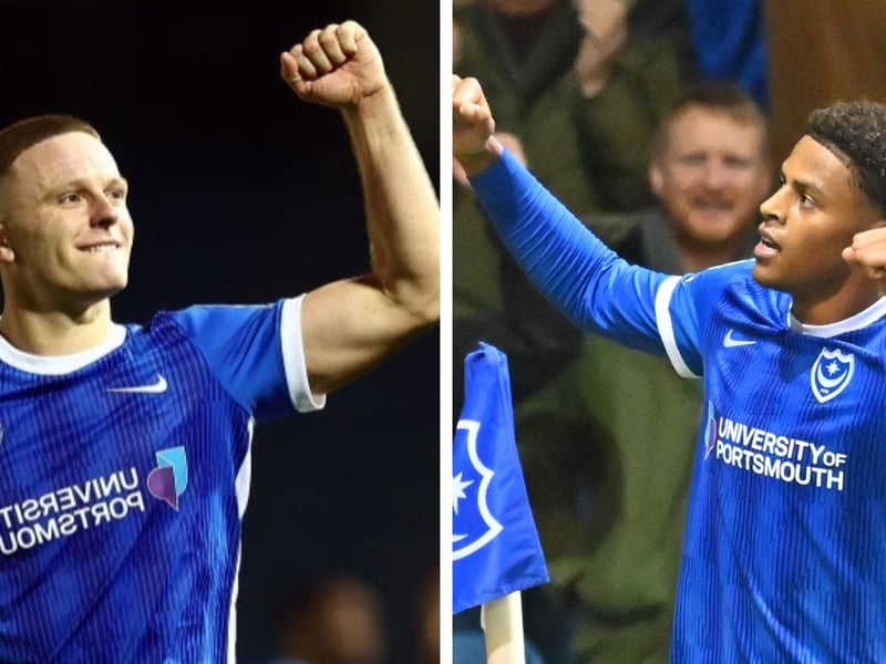 Pompey strikers Colby Bishop, left, and Kusini Yengi, right, are vying to start at Shrewsbury.