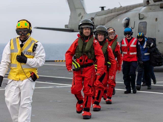 On November 14 2022, Commander Lightning Force Group Captain Marr and Lightning Chief Engineer Wing Commander Chapman embarked HMS Queen Elizabeth to observe embarked 617 Squadron Aviaton, and meet with QNLZ Ship's Company during their autumn deployment on Operation Achillean.Photographer: AS1 Natalie Adams
