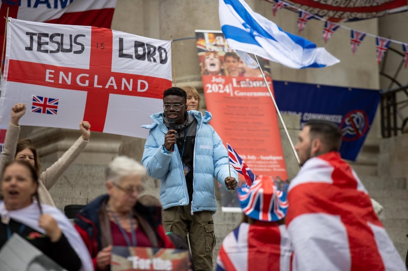 Patriots in Portsmouth and Stand Up To Racism Portsmouth campaigners held opposing rallies in Guildhall Square on Saturday morning. Pictured - Pro and anti immigration protesters gathered in Guildhall Square on Saturday, November 2 Photos by Alex Shute