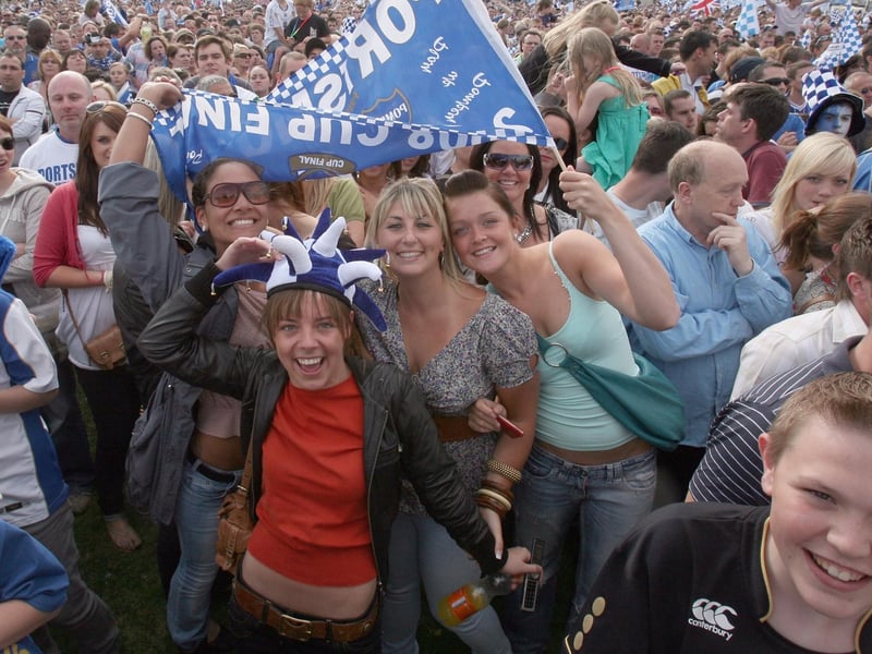 Pompey fans attending the open top bus parade in the city following the 2008 FA Cup final success. Photo by Matt Cardy/Getty Images.