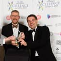 Craig Gordon and Michael Frisby of Vuzion UK with editor of The News Mark Waldron at the Business Excellence Awards 2021