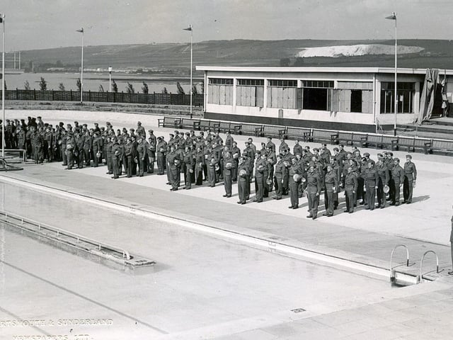Members of the Royal Army Ordnance Corps parade at the lido about 1946