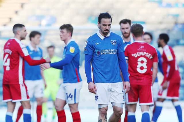 Ryan Williams looks dejected after Pompey's 1-1 draw with Gillingham on Saturday.