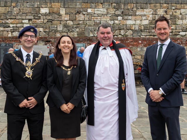 Attendees at the Falklands Memorial Service at Old Portsmouth. Pictured: Councillor Tom Coles (Lord Mayor of Portsmouth), Nikki Coles (Lady Mayoress of Portsmouth), Father Bob White (vicar of St Mary's Church in Fratton) and Stephen Morgan (MP, Portsmouth South).