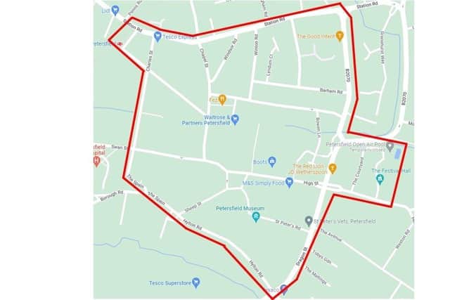 Petersfield town centre is subject to a dispersal order in the area shown from 7pm, April 29 to 7pm, May 1