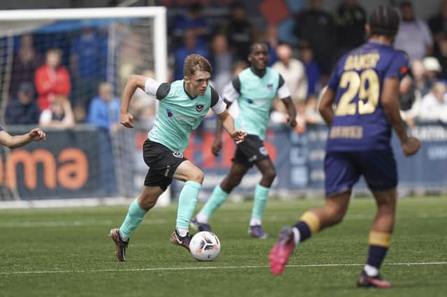 Mitch Aston impressed once more in the heart of Pompey's midfield in their visit to Folland Sports in the Hampshire Senior Cup. Picture: Jason Brown