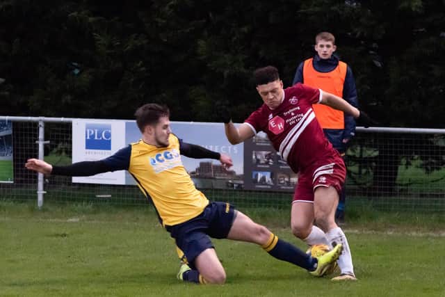 Zak Sharp, left, in Southern League action for Moneyfields in 2019/20. Picture: Duncan Shepherd