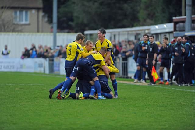 Gosport players celebrate Dan Wooden's overhead kick against Hawks five years ago. Picture Ian Hargreaves