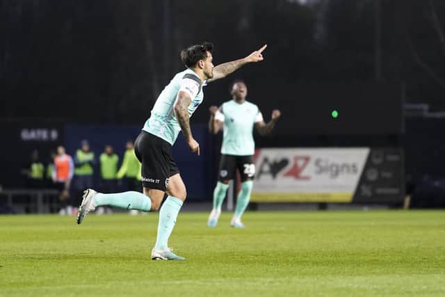 Marlon Pack celebrates giving Pompey the lead in the first half against Oxford United. Picture: Jason Brown/ProSportsImages