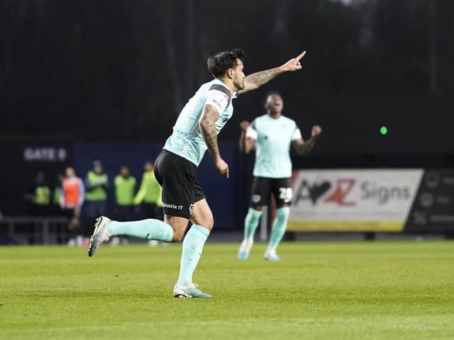 Marlon Pack celebrates giving Pompey the lead in the first half against Oxford United. Picture: Jason Brown/ProSportsImages