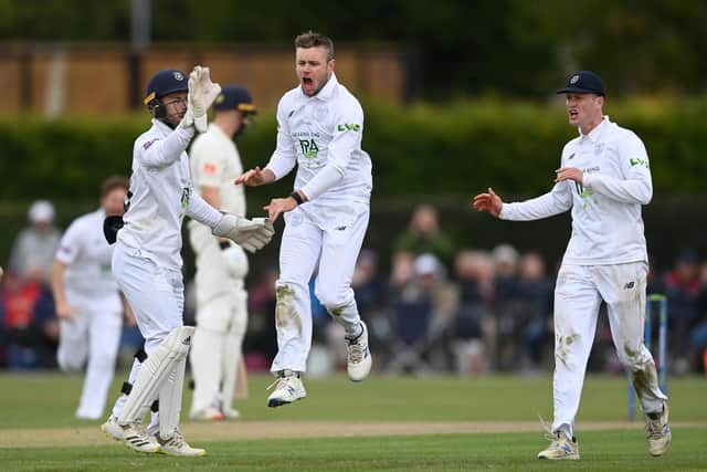 Mason Crane of Hampshire celebrates dismissing Josh Bohannon . Photo by Gareth Copley/Getty Images.