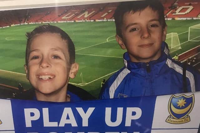 England and Chelsea footballer Mason Mount, right, who is a lifelong Pompey fan, with friend Will Sumner at Old Trafford supporting the Blues in the 2008 FA Cup.