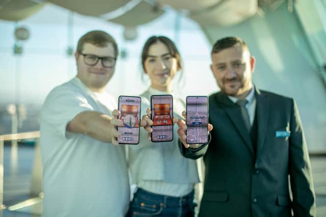 App producers, Marc Cook and Hattie Ball and Tony Sammut, general manager of Spinnaker Tower with the new app that allows a unique VR experience 
Picture: Habibur Rahman