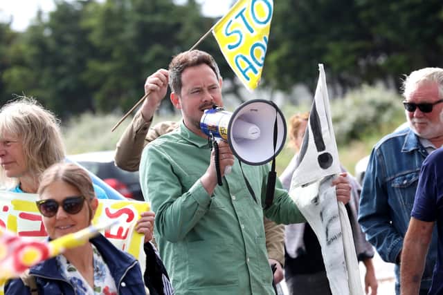 Stephen Morgan MP speaking at a 'Let's Stop Aquind' walking protest. Picture: Sam Stephenson