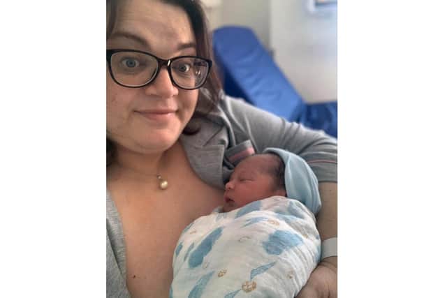 Portsmouth mum Lorraine Coram talks about giving birth in lockdown.
Pictured is: Lorraine Coram with Atticus Morse Coram.