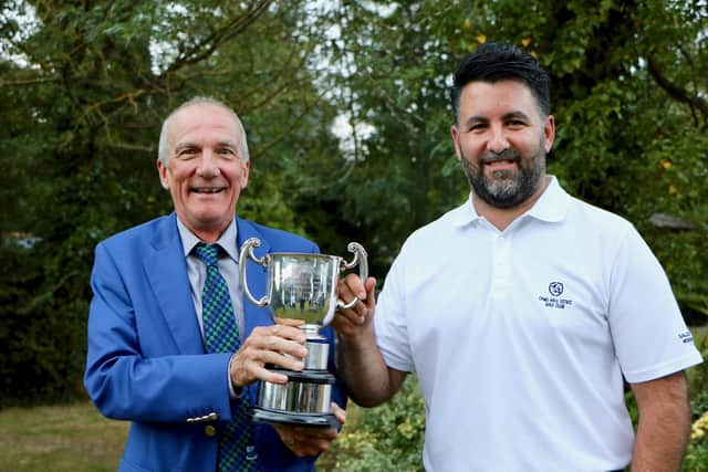 Cams Hall GC captain Ed Woodhouse (left) and Sevens team captain Michael Nasr with the County Sevens trophy. Picture: Andrew Griffin.