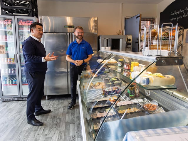 Alan Mak MP with owner Russ Bond at Le Petit Pain in Emsworth