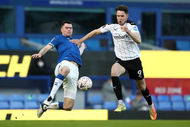 New Pompey signing George Hirst spent time on loan at Rotherham last season, seen here in action (right) against Everton in the FA Cup. Picture: Jan Kruger/Getty Images