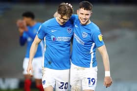 George Hirst with Sean Raggett today after the Doncaster win