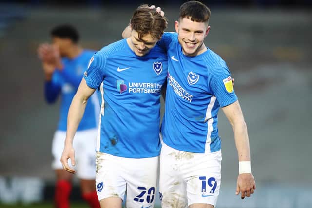 George Hirst with Sean Raggett today after the Doncaster win