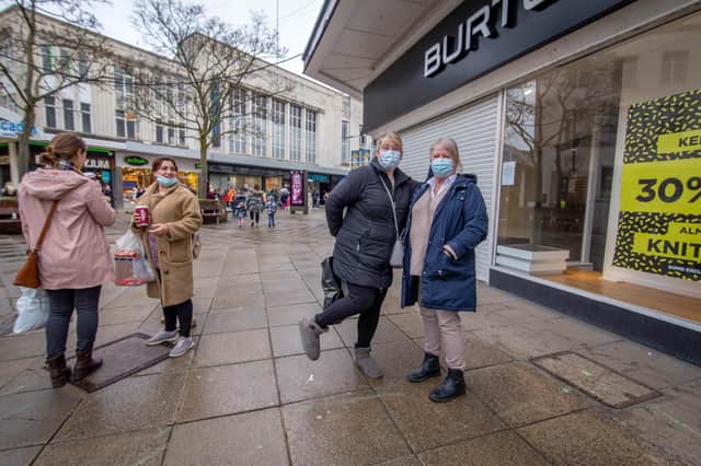 The Big reopeningPictured: Lorraine Magnusson and Pauline Wadey  queuing to shop at Primark, Commercial Road, Portsmouth on 12 April 2021Picture: Habibur Rahman