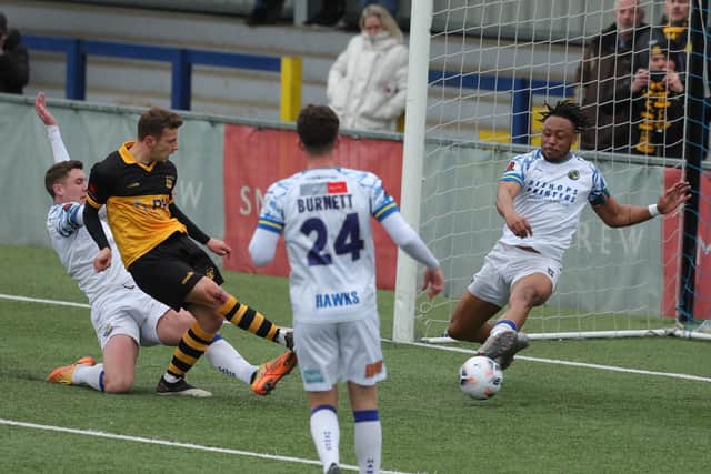 Cheshunt's Fraser Alexander fires home his side's equaliser. Picture by Dave Haines