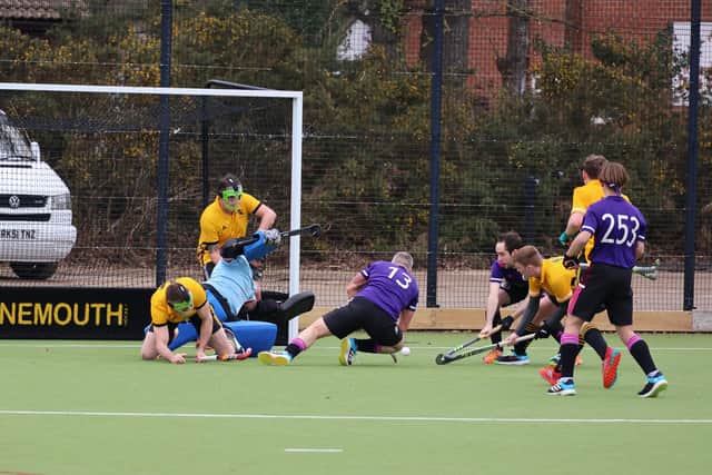 Portsmouth (purple) on the attack against Bournemouth. Picture: Alan Duffy.