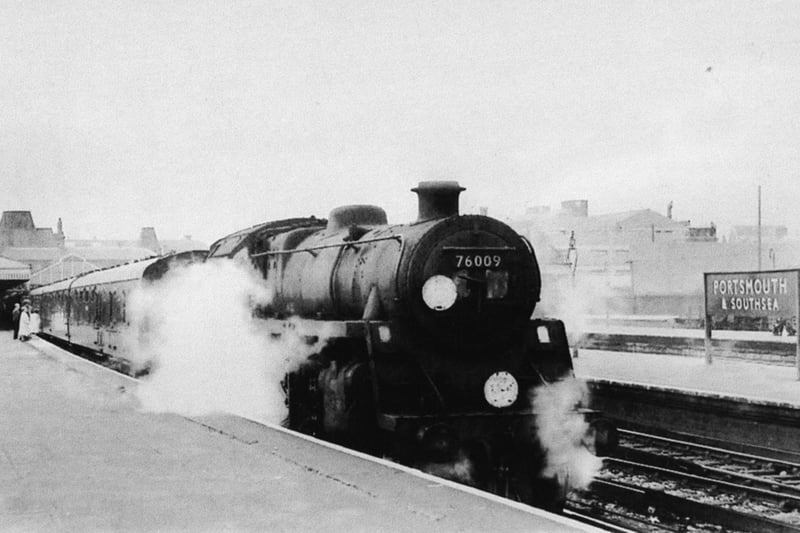 A Standard class 5 locomotive at the head of its train awaiting to depart Portsmouth & Southsea low level for Salisbury. Picture: Barry Cox collection