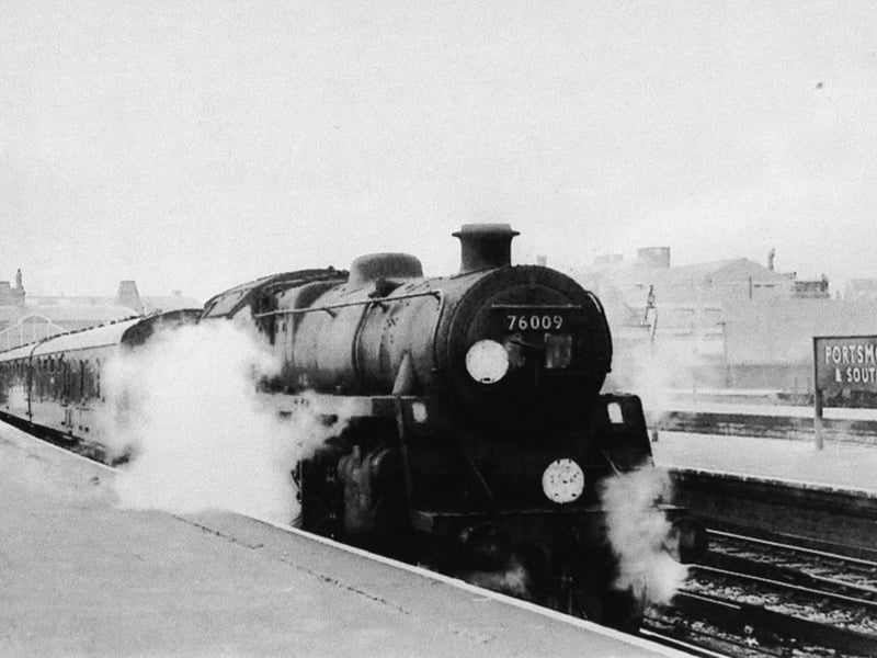 A Standard class 5 locomotive at the head of its train awaiting to depart Portsmouth & Southsea low level for Salisbury. Picture: Barry Cox collection
