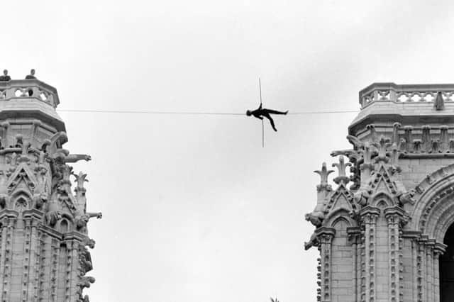 Highwire artist Philippe Petit walking between the steeples of Notre Dame in Paris in June 1971. Picture: Getty Images.