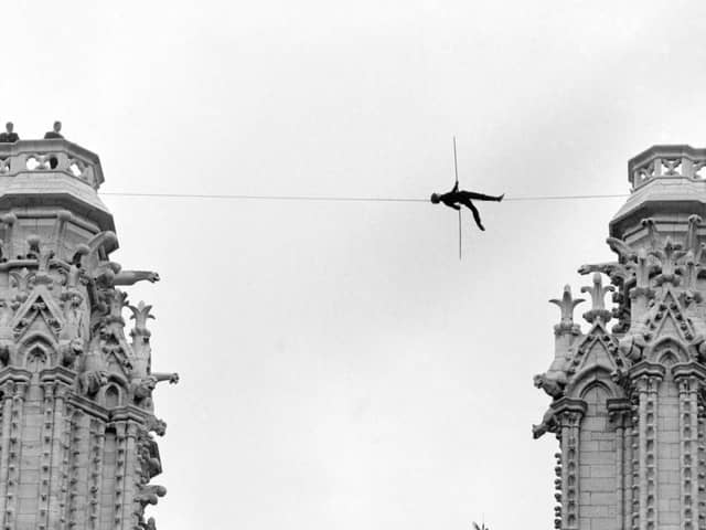 Highwire artist Philippe Petit walking between the steeples of Notre Dame in Paris in June 1971. Picture: Getty Images.