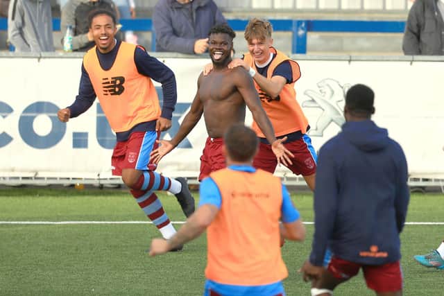 Weymouth's Ahkeem Rose celebrates scoring the late winner. Picture by Dave Haines.